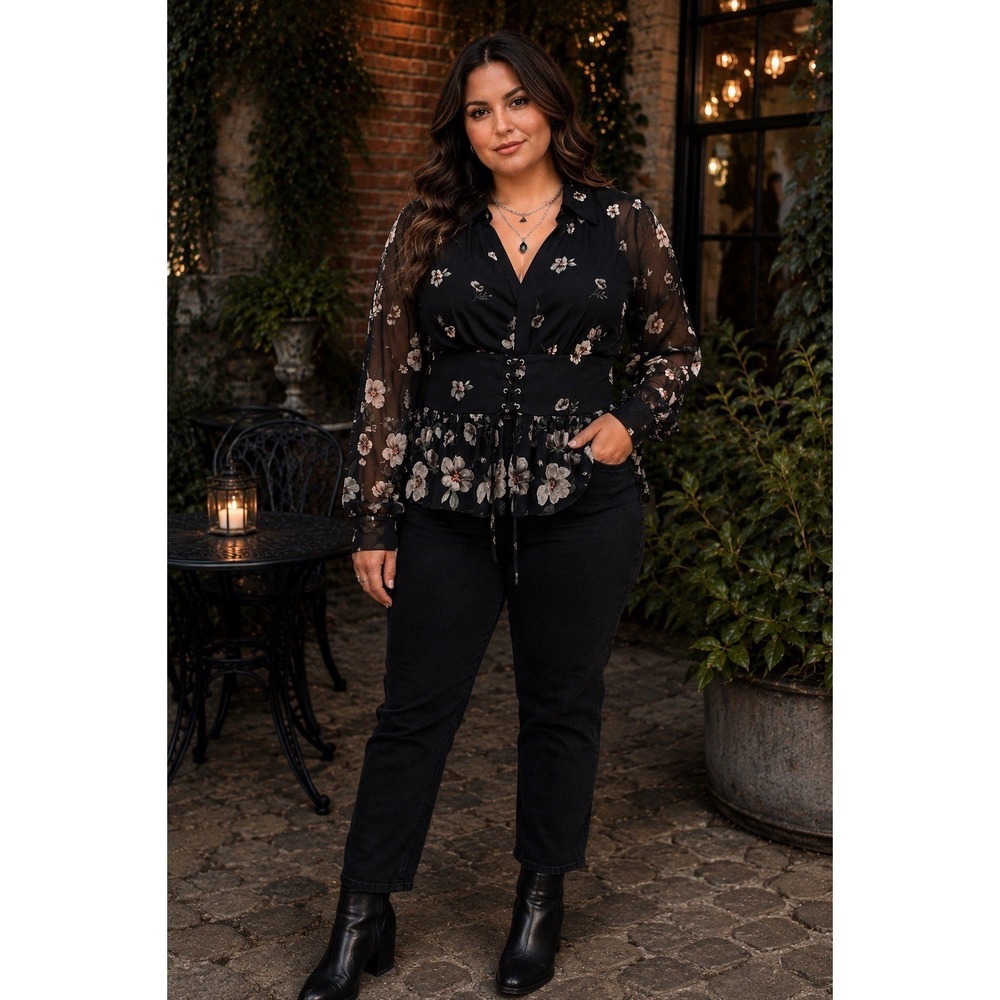 Ember Black Corset Top Sheer Sleeve Dark Romantic Whimsigoth Witchy Sz XL Q1024